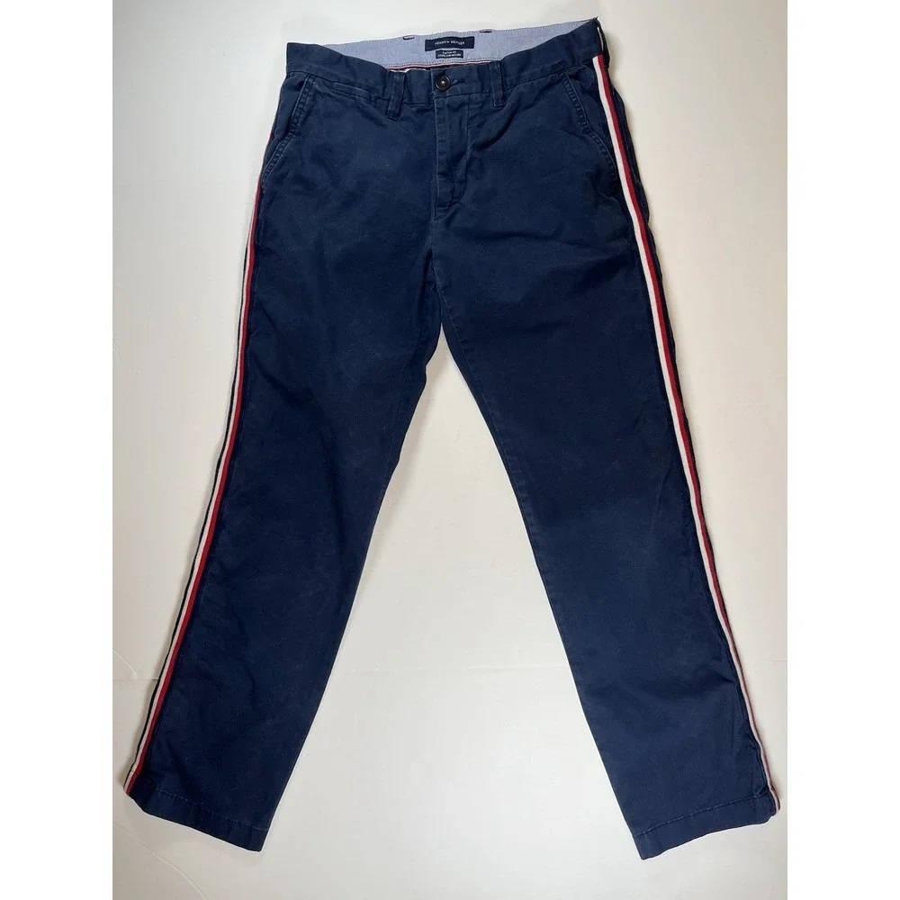 Tommy Hilfiger Flex Custom Fit Chino Pants Navy Red Strip Men's 29x30